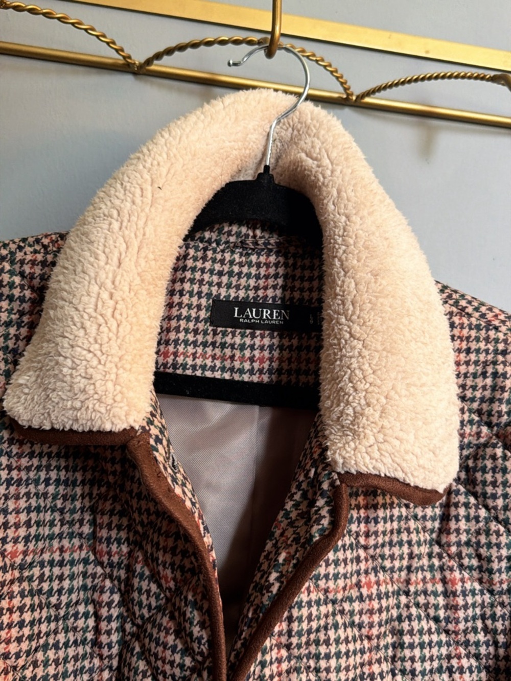 Lauren Ralph Lauren Quilted Houndstooth Jacket Sherpa Collar Large